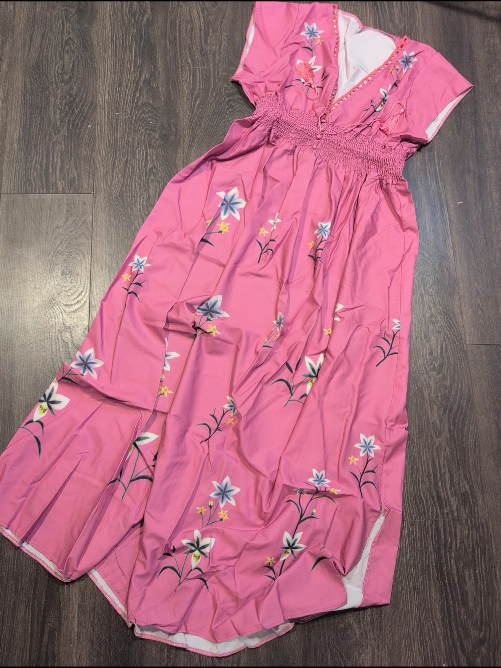 Women Floral Pink Print Side Split Long Dresses Boho Short Sleeve Size 2XL